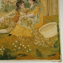 Load image into Gallery viewer, Antique French Chenille Embroidery Painted Silk Panel, Silkwork Embroidered Needlework Sampler, Country Pastoral Scene of Family
