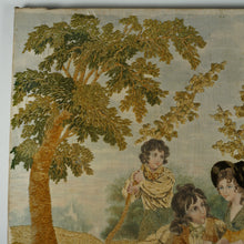 Load image into Gallery viewer, Antique French Chenille Embroidery Painted Silk Panel, Silkwork Embroidered Needlework Sampler, Country Pastoral Scene of Family