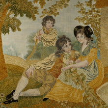 Load image into Gallery viewer, Antique French Chenille Embroidery Painted Silk Panel, Silkwork Embroidered Needlework Sampler, Country Pastoral Scene of Family