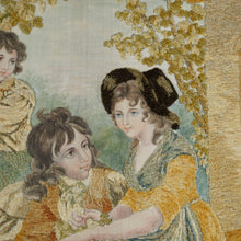 Load image into Gallery viewer, Antique French Chenille Embroidery Painted Silk Panel, Silkwork Embroidered Needlework Sampler, Country Pastoral Scene of Family