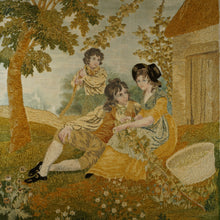 Load image into Gallery viewer, Antique French Chenille Embroidery Painted Silk Panel, Silkwork Embroidered Needlework Sampler, Country Pastoral Scene of Family