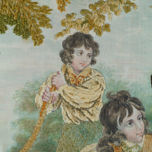 Load image into Gallery viewer, Antique French Chenille Embroidery Painted Silk Panel, Silkwork Embroidered Needlework Sampler, Country Pastoral Scene of Family