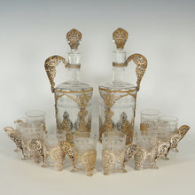 Load image into Gallery viewer, Antique French Crystal Saint Louis Liquor Set, Decanters, Shot Glasses, Filigree Mounts