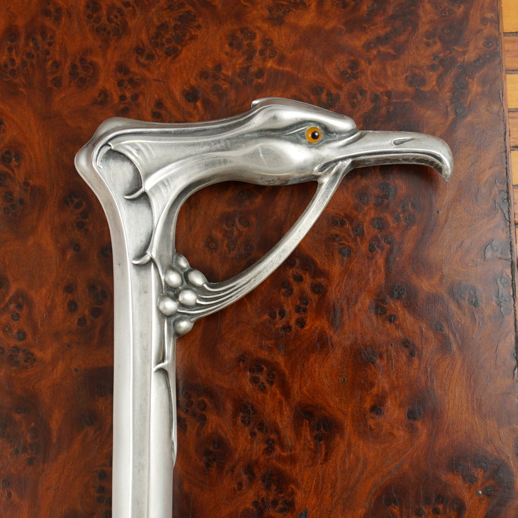Antique Art Nouveau Silver Cane or Parasol Umbrella Handle Set, Eagle Head, Bat Wings & Glass Eyes