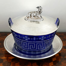 Load image into Gallery viewer, Antique French Sterling Silver & Cobalt Glass Butter Dish, Beurrier, Goat Finial