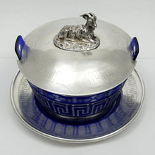 Load image into Gallery viewer, Antique French Sterling Silver & Cobalt Glass Butter Dish, Beurrier, Goat Finial