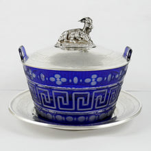 Load image into Gallery viewer, Antique French Sterling Silver & Cobalt Glass Butter Dish, Beurrier, Goat Finial