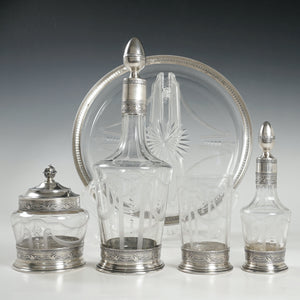 Antique French Sterling Silver & Glass Liquor Service, Absinthe, Empire Swans Motifs | Decanter Set, Tray & Tumbler Cup