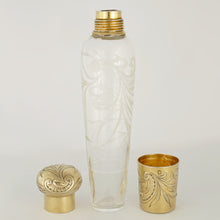 Load image into Gallery viewer, Antique French Sterling Silver Gilt Vermeil Engraved Glass Liquor Flask, Perfume Bottle