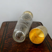 Load image into Gallery viewer, Antique French Sterling Silver Gilt Vermeil Engraved Glass Liquor Flask, Perfume Bottle