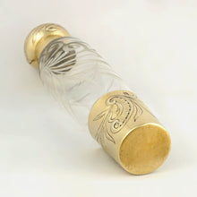 Load image into Gallery viewer, Antique French Sterling Silver Gilt Vermeil Engraved Glass Liquor Flask, Perfume Bottle