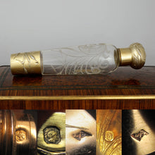 Load image into Gallery viewer, Antique French Sterling Silver Gilt Vermeil Engraved Glass Liquor Flask, Perfume Bottle