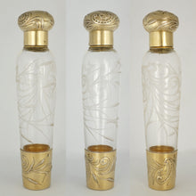 Load image into Gallery viewer, Antique French Sterling Silver Gilt Vermeil Engraved Glass Liquor Flask, Perfume Bottle