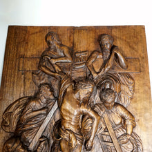 Load image into Gallery viewer, Antique Hand Carved Wood Relief Panel Descent of Christ from the Cross Altar Piece Wall Plaque