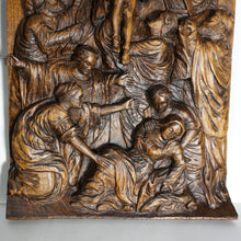 Load image into Gallery viewer, Antique Hand Carved Wood Relief Panel Descent of Christ from the Cross Altar Piece Wall Plaque