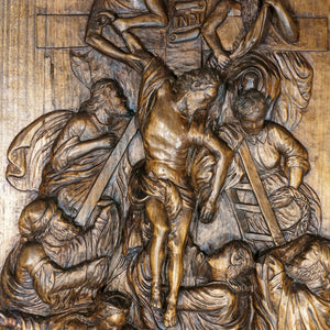 Antique Hand Carved Wood Relief Panel Descent of Christ from the Cross Altar Piece Wall Plaque