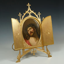 Load image into Gallery viewer, Antique Gilt Bronze Triptych Frame Hand Painted Porcelain Plaque Jesus Christ Crown Thorns Religious Painting