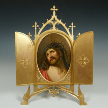 Load image into Gallery viewer, Antique Gilt Bronze Triptych Frame Hand Painted Porcelain Plaque Jesus Christ Crown Thorns Religious Painting