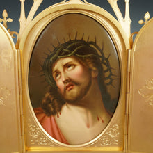 Load image into Gallery viewer, Antique Gilt Bronze Triptych Frame Hand Painted Porcelain Plaque Jesus Christ Crown Thorns Religious Painting