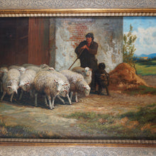 Load image into Gallery viewer, Henri de Beul (1845-1900) Antique Belgian Oil Painting Farm Scene, Sheep Flock, Shepherd & Dog Pastoral Landscape