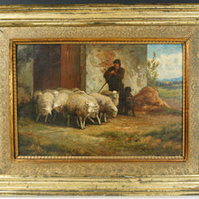 Load image into Gallery viewer, Henri de Beul (1845-1900) Antique Belgian Oil Painting Farm Scene, Sheep Flock, Shepherd & Dog Pastoral Landscape