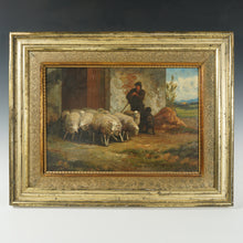 Load image into Gallery viewer, Henri de Beul (1845-1900) Antique Belgian Oil Painting Farm Scene, Sheep Flock, Shepherd & Dog Pastoral Landscape