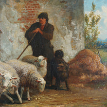 Load image into Gallery viewer, Henri de Beul (1845-1900) Antique Belgian Oil Painting Farm Scene, Sheep Flock, Shepherd &amp; Dog Pastoral Landscape
