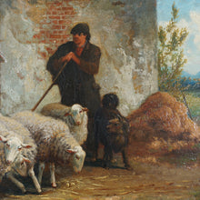 Load image into Gallery viewer, Henri de Beul (1845-1900) Antique Belgian Oil Painting Farm Scene, Sheep Flock, Shepherd & Dog Pastoral Landscape