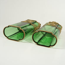Load image into Gallery viewer, PAIR Antique French Green Glass Vases Empire Style Ormolu Bronze