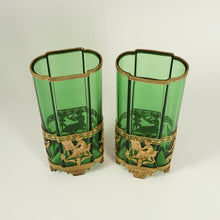 Load image into Gallery viewer, PAIR Antique French Green Glass Vases Empire Style Ormolu Bronze