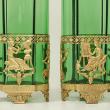 Load image into Gallery viewer, PAIR Antique French Green Glass Vases Empire Style Ormolu Bronze