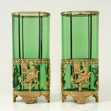 Load image into Gallery viewer, PAIR Antique French Green Glass Vases Empire Style Ormolu Bronze
