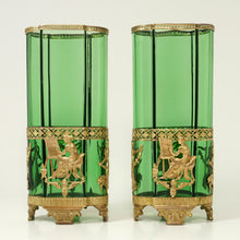 Load image into Gallery viewer, PAIR Antique French Green Glass Vases Empire Style Ormolu Bronze