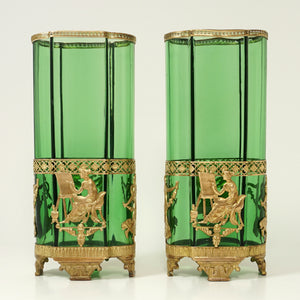 PAIR Antique French Green Glass Vases Empire Style Ormolu Bronze