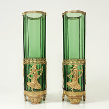 Load image into Gallery viewer, PAIR Antique French Green Glass Vases Empire Style Ormolu Bronze