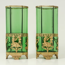 Load image into Gallery viewer, PAIR Antique French Green Glass Vases Empire Style Ormolu Bronze