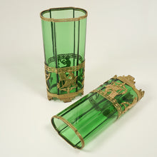 Load image into Gallery viewer, PAIR Antique French Green Glass Vases Empire Style Ormolu Bronze
