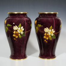 Load image into Gallery viewer, Pair Large Antique French Sevres Optat Milet Ceramic Vases Art Nouveau Flowers Purple Ground