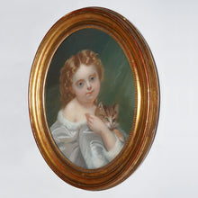 Load image into Gallery viewer, Antique Pastel Portrait Young Girl & Kitten, Signed, Gilt Wood Oval Frame