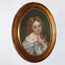 Load image into Gallery viewer, Antique Pastel Portrait Young Girl & Kitten, Signed, Gilt Wood Oval Frame