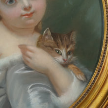 Load image into Gallery viewer, Antique Pastel Portrait Young Girl & Kitten, Signed, Gilt Wood Oval Frame