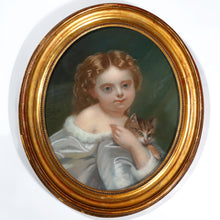 Load image into Gallery viewer, Antique Pastel Portrait Young Girl & Kitten, Signed, Gilt Wood Oval Frame