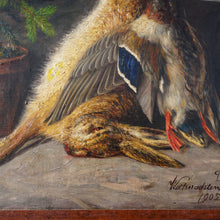 Load image into Gallery viewer, Antique Still Life Painting, German Artist Signed & Dated, Fruits of the Hunt, Hare & Duck Wild Game