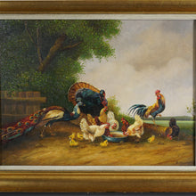 Load image into Gallery viewer, Signed German Oil Painting Farm Landscape Poultry Birds, Peacock, Turkey, Chickens & Rooster, BOGDAN KAUDETZKY (1898-1964)