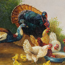 Load image into Gallery viewer, Signed German Oil Painting Farm Landscape Poultry Birds, Peacock, Turkey, Chickens & Rooster, BOGDAN KAUDETZKY (1898-1964)