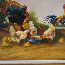 Load image into Gallery viewer, Signed German Oil Painting Farm Landscape Poultry Birds, Peacock, Turkey, Chickens & Rooster, BOGDAN KAUDETZKY (1898-1964)