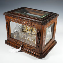 Load image into Gallery viewer, Antique Black Forest Liquor Tantalus Carved Wood Cabinet Box Caddy Victorian Engraved Crystal Decanters & Cordial Glasses