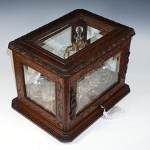 Load image into Gallery viewer, Antique Black Forest Liquor Tantalus Carved Wood Cabinet Box Caddy Victorian Engraved Crystal Decanters & Cordial Glasses