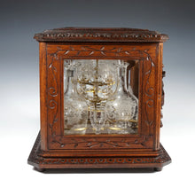 Load image into Gallery viewer, Antique Black Forest Liquor Tantalus Carved Wood Cabinet Box Caddy Victorian Engraved Crystal Decanters & Cordial Glasses