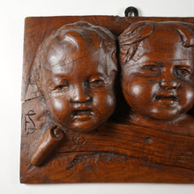 Load image into Gallery viewer, Antique Hand Carved Wood Bas-relief Wall Plaque Seven Singing Putti Choir Musical Notes Signed Carving
